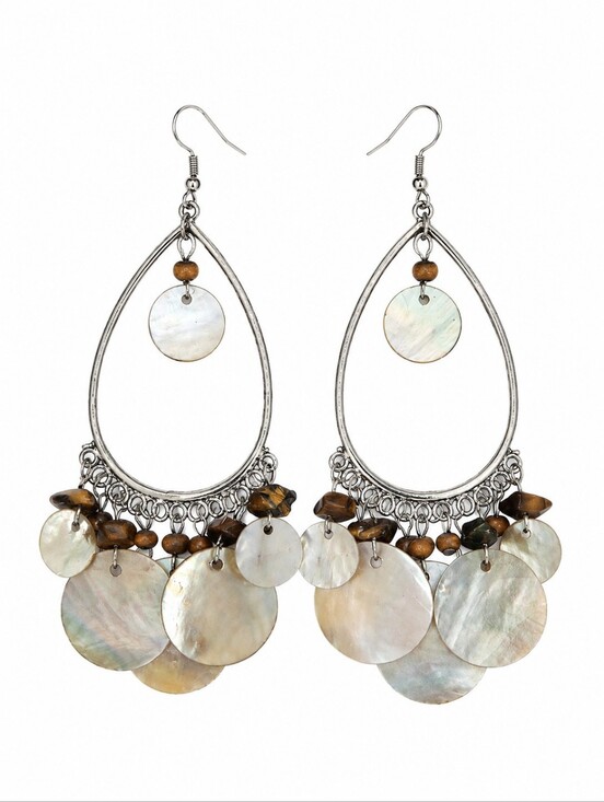 Vintage Jewelry - Vintage Abalone Shell Jumbo Teardrop Chandalier Boho Dangle Hook Earrings